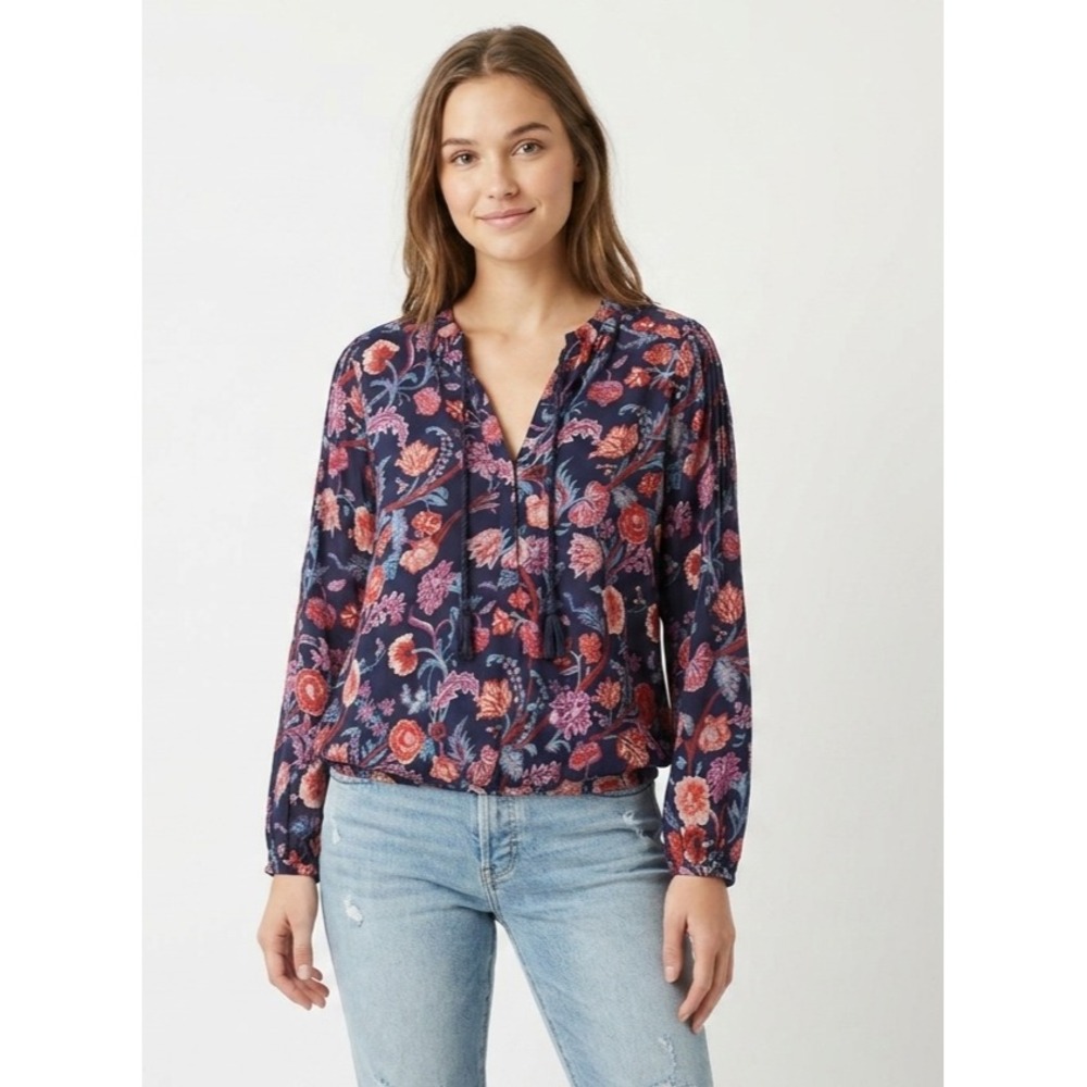 Lucky Brand Peasant Blouse Top Womens Small Black Floral Rayon Tassel Front Boho